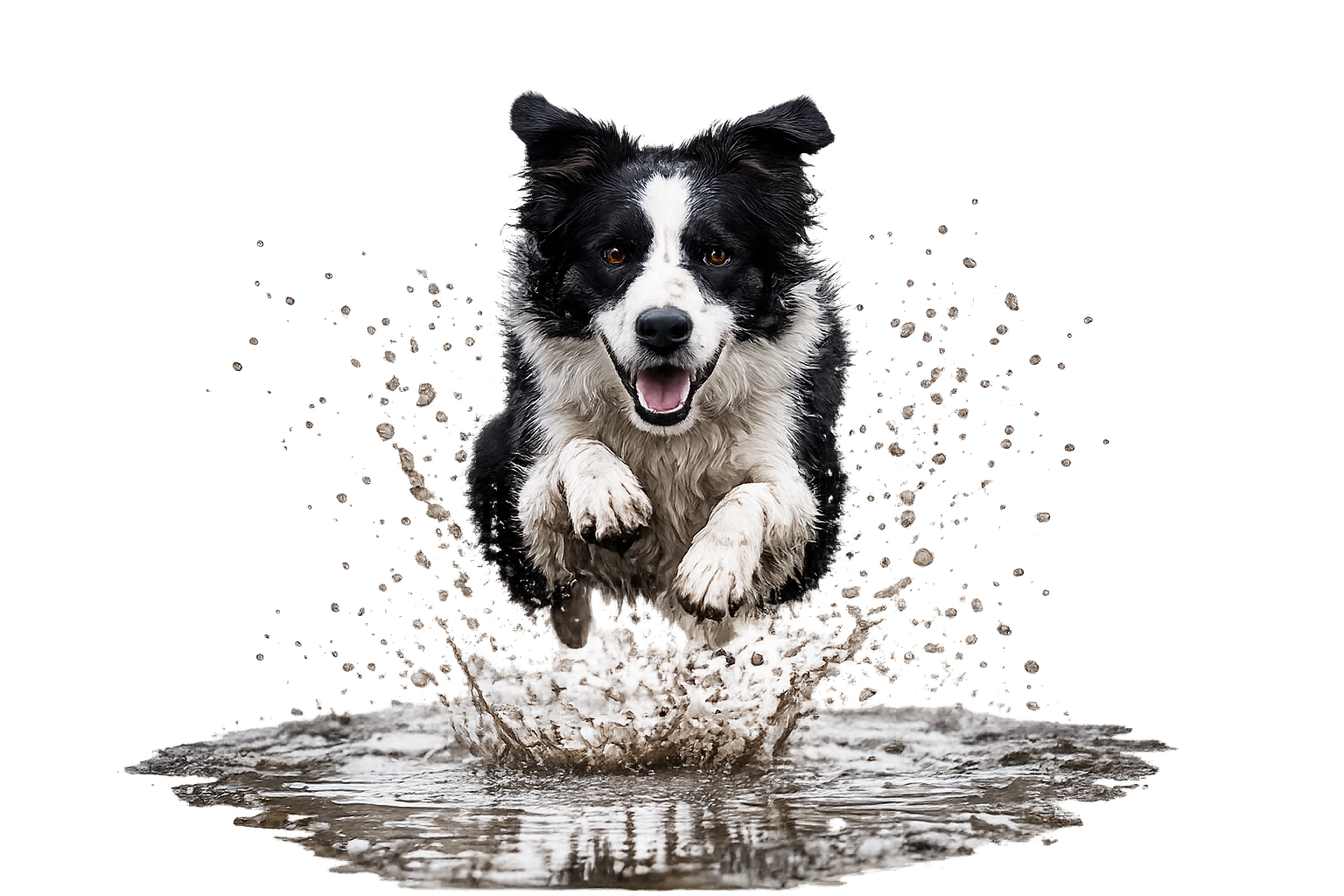 Mokry border collie podczas skoku przez kałużę